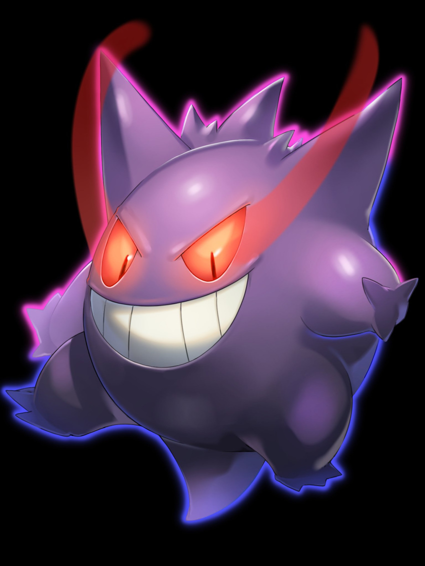 black_background commentary_request full_body gen_1_pokemon gengar glowing glowing_eyes grin highres light_trail mian_(3zandora) no_humans orange_eyes pokemon pokemon_(creature) simple_background smile solo teeth