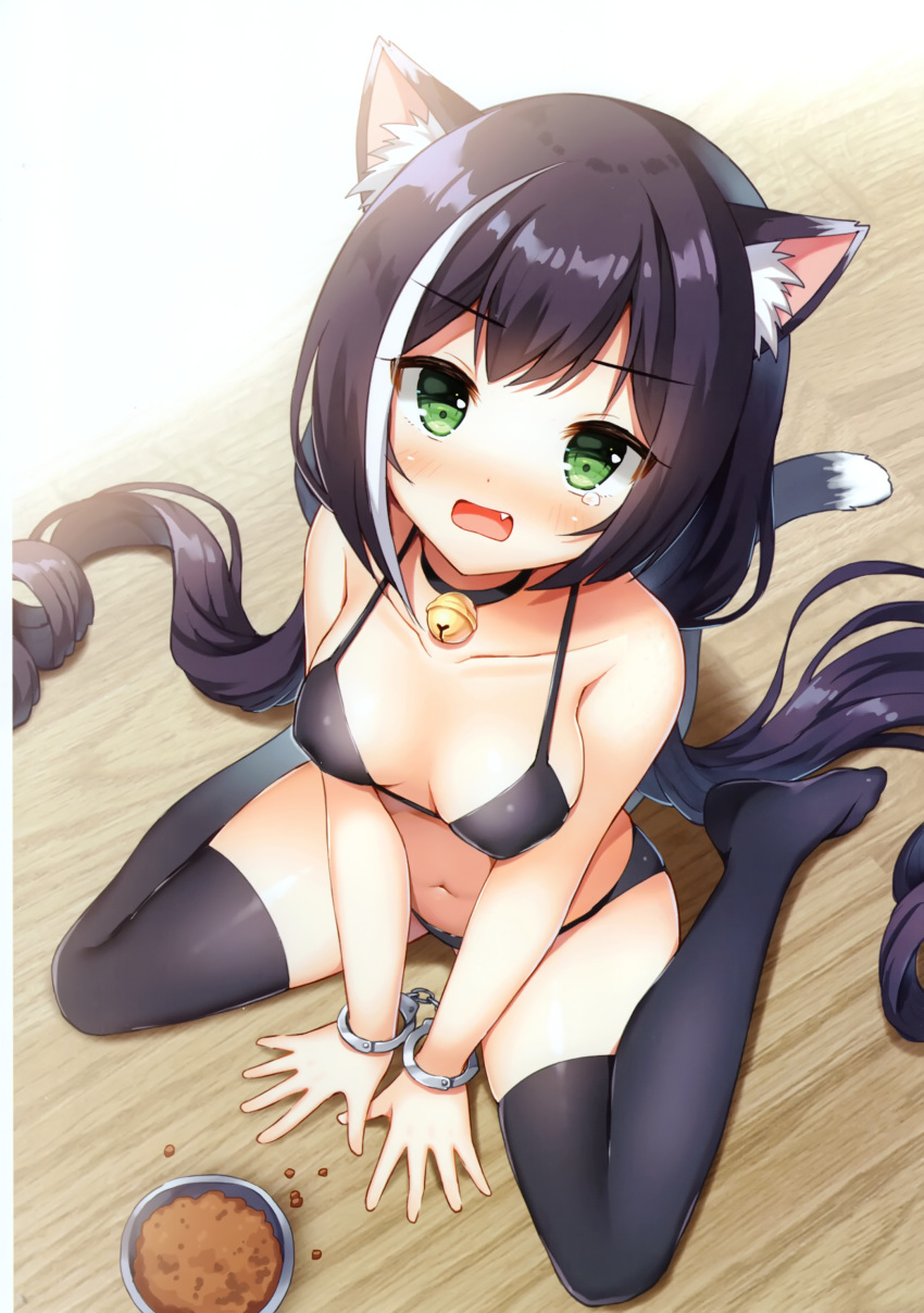 1girl absurdres animal_ear_fluff animal_ears bangs bare_arms bare_shoulders bdsm bell bell_choker between_legs black_bra black_choker black_hair black_legwear black_panties blush bowl bra breasts cat_ears cat_girl cat_tail choker collarbone cuffs eyebrows_visible_through_hair fang from_above green_eyes hand_between_legs handcuffs highres jingle_bell kyaru_(princess_connect) long_hair looking_at_viewer looking_up low_twintails mauve medium_breasts multicolored_hair navel open_mouth panties pet_bowl princess_connect! princess_connect!_re:dive ringlets scan sitting solo spoken_squiggle squiggle streaked_hair tail tears thigh-highs twintails underwear very_long_hair wariza white_hair