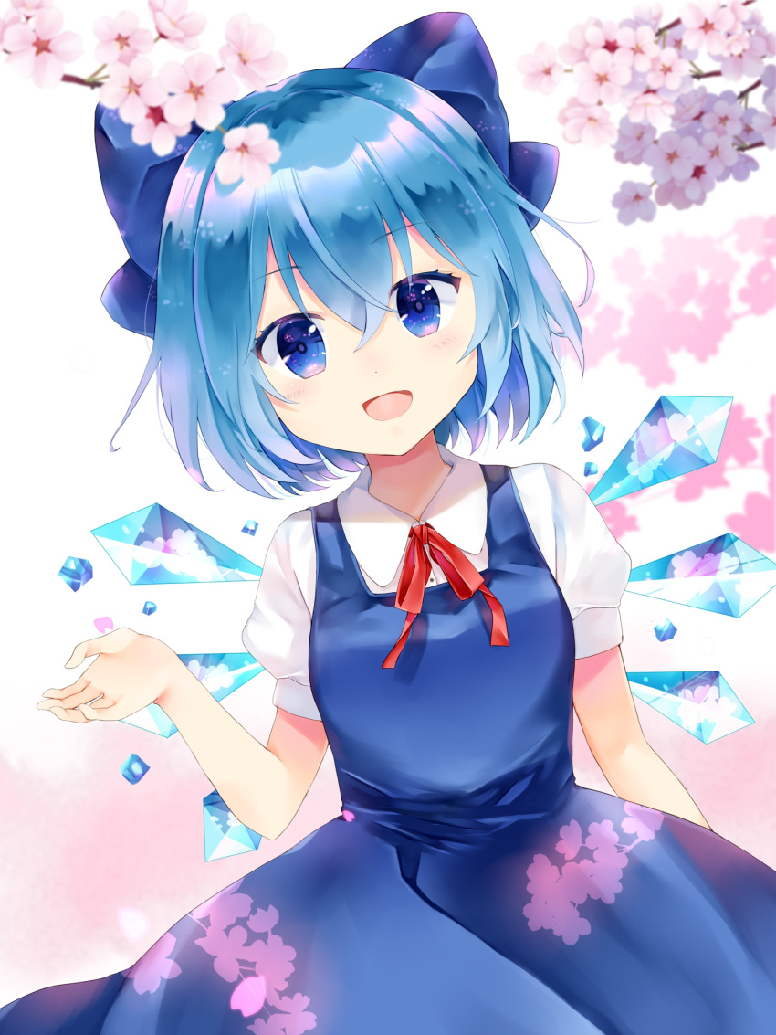 1girl :d adapted_costume arm_up blue_dress blue_eyes blue_hair bow cherry_blossom_print cherry_blossoms cirno commentary_request cowboy_shot dress eyebrows_visible_through_hair floral_print gradient gradient_background hair_between_eyes hair_bow highres ice leaning_to_the_side looking_at_viewer neck_ribbon open_mouth partial_commentary pinafore_dress pink_background puffy_short_sleeves puffy_sleeves red_neckwear ribbon shiny shiny_clothes shiny_hair shirt short_hair short_sleeves simple_background smile standing touhou tree_branch white_background white_shirt wings yurara_(aroma42enola)