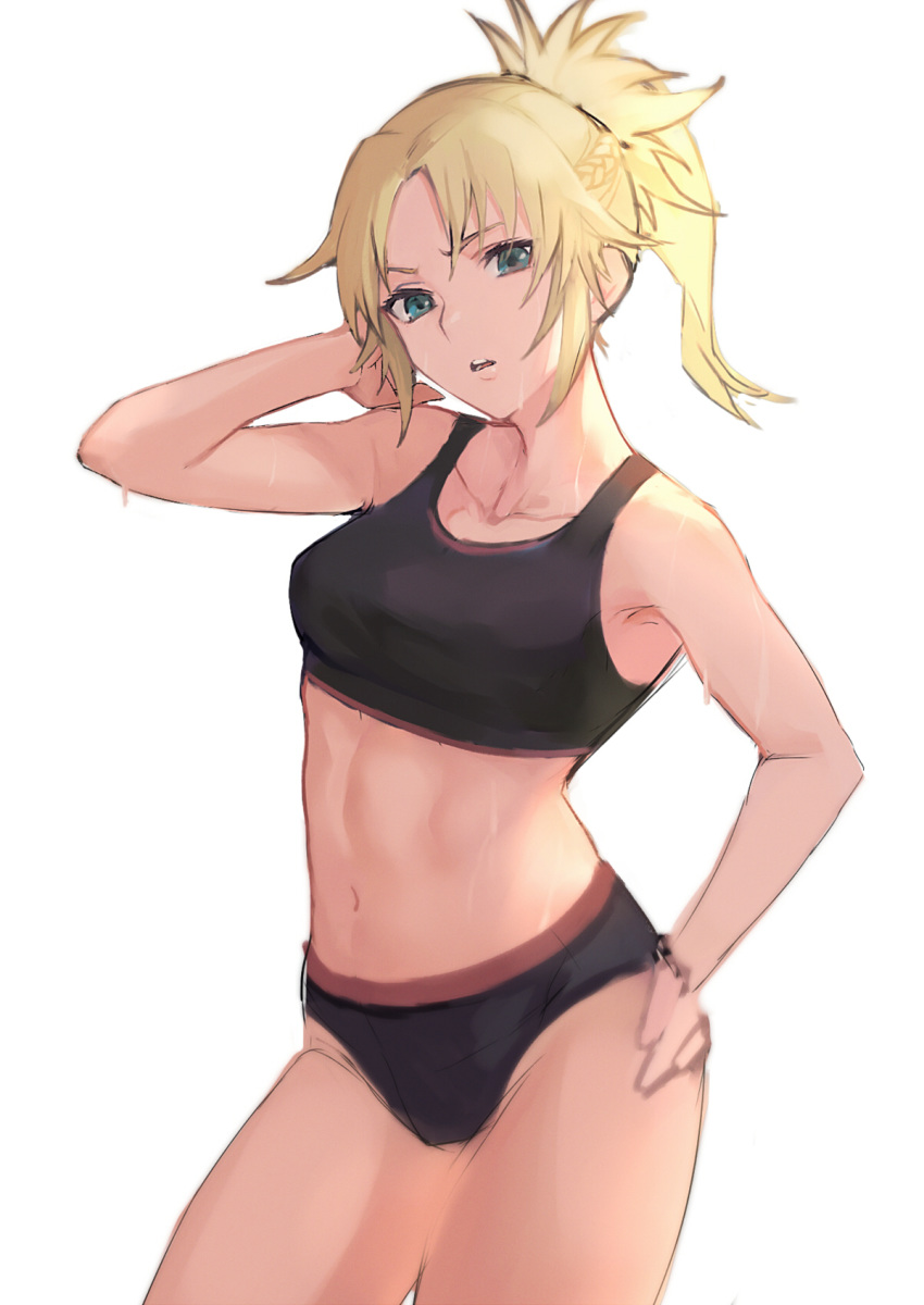 1girl bare_shoulders blonde_hair braid collarbone fate/apocrypha fate_(series) green_eyes hand_on_hip highres midriff mordred_(fate) mordred_(fate)_(all) navel otsukemono ponytail simple_background solo sports_bra sweat white_background