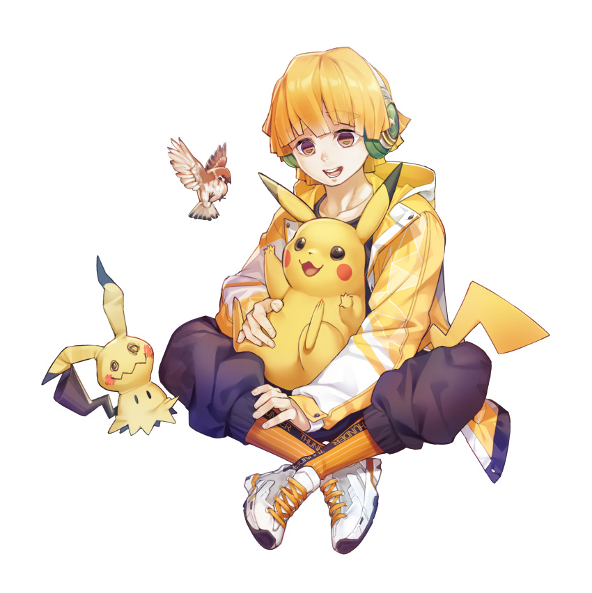 1boy :d absurdres agatsuma_zenitsu bird black_pants blonde_hair blush_stickers crossover gen_1_pokemon gen_7_pokemon headphones highres jacket kimetsu_no_yaiba male_focus mimikyu on_lap open_mouth pants pikachu pokemon pokemon_(creature) pokemon_on_lap simple_background sitting smile socks sparrow tarantulaines white_background white_footwear yellow_eyes yellow_jacket yellow_legwear |_|