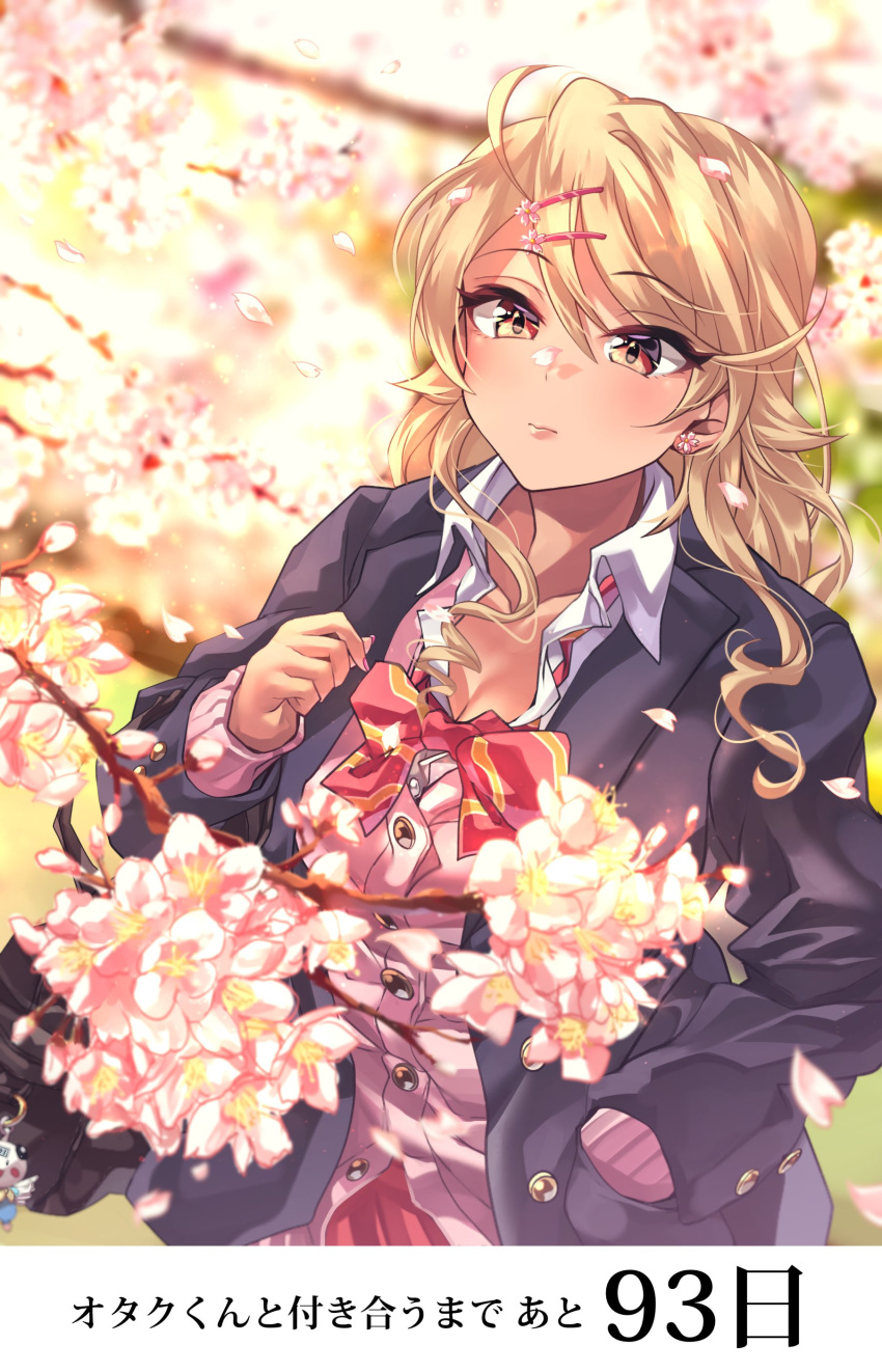 1girl absurdres amaryllis_gumi black_jacket blonde_hair bow cherry_blossoms commentary earrings flower flower_earrings gyaru hair_flower hair_ornament hairclip hand_in_pocket highres jacket jewelry nail_polish orange_eyes ouga_saki pink_sweater school_uniform shirt striped striped_bow sweater tan tdnd-96 translated virtual_youtuber white_shirt
