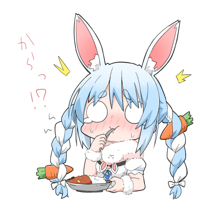 1girl animal_ear_fluff animal_ears bangs blue_hair bow braid carrot_hair_ornament chibi commentary eating empty_eyes eyebrows_visible_through_hair food_themed_hair_ornament hair_bow hair_ornament highres hololive kinka multicolored_hair puffy_short_sleeves puffy_sleeves rabbit_ears short_sleeves simple_background sketch solo spicy spoon spoon_in_mouth streaked_hair sweat teardrop thick_eyebrows translated twintails two-tone_hair upper_body usada_pekora virtual_youtuber white_background white_hair wrist_cuffs