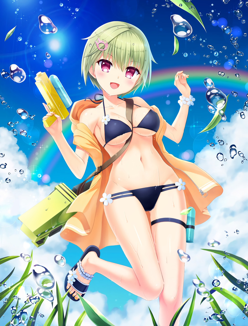 absurdres bikini black_bikini clouds flower_bracelet grass green_hair gun highres holding_water_gun humuyun navel nomura_miki official_art outdoors pink_eyes rainbow sandals short_hair sky smile summer_pockets swimsuit toy_gun water_drop water_gun weapon wet