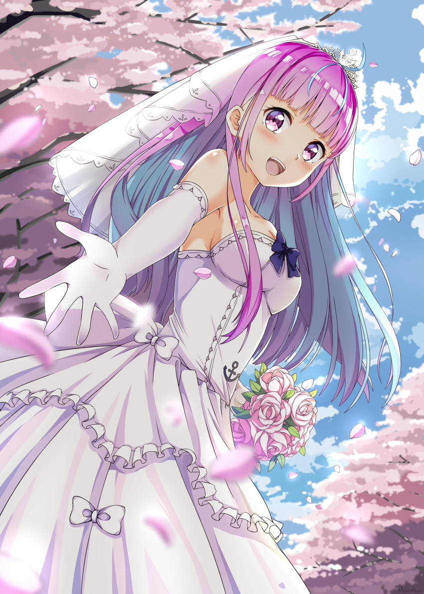 1girl :d absurdres anchor_symbol blue_sky blush bouquet breasts bridal_veil cherry_blossoms clouds dress elbow_gloves flower gloves highres hololive long_hair minato_aqua miunakun multicolored_hair open_mouth purple_hair sky smile solo two-tone_hair veil virtual_youtuber wedding_dress