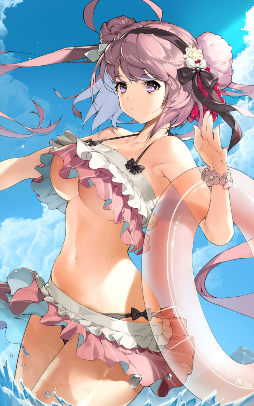 1girl absurdres ahoge azur_lane bangs bare_arms bare_shoulders bikini black_hairband black_ribbon blue_sky bow breasts closed_mouth clouds day double_bun eyebrows_visible_through_hair flower flower_bracelet frilled_bikini frills hair_flower hair_ornament hairband hand_up highres innertube large_breasts layered_bikini looking_at_viewer navel nike1060 ocean older outdoors pink_bikini pink_hair ribbon saratoga_(azur_lane) sky solo standing swimsuit violet_eyes wading water white_bow white_flower