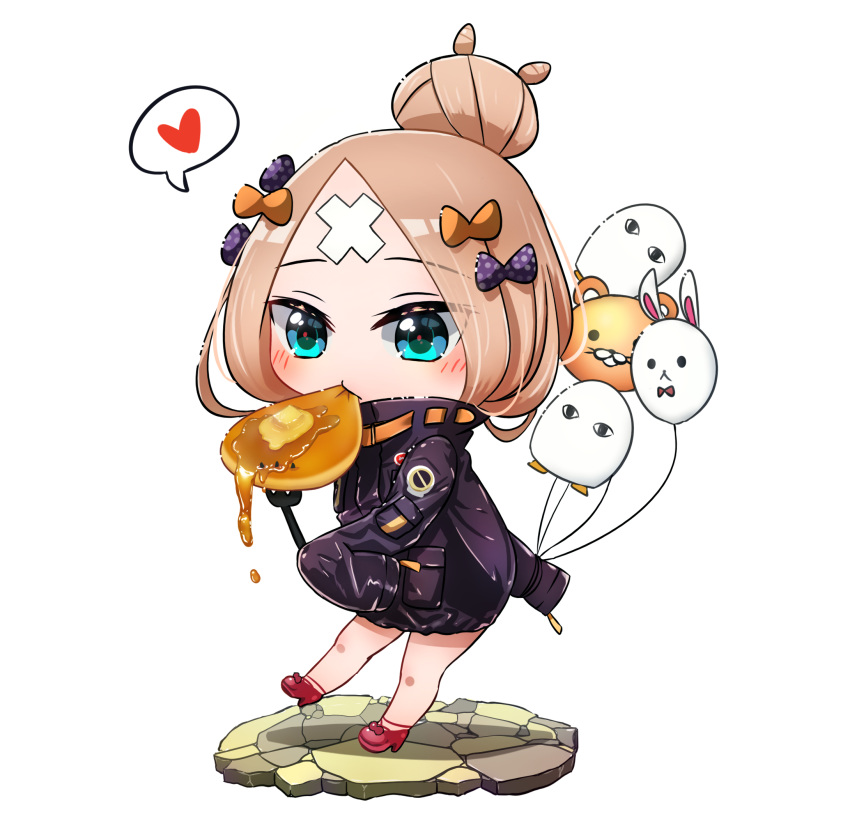 1girl abigail_williams_(fate/grand_order) balloon bangs black_bow black_jacket blonde_hair blue_eyes blush bow butter chibi closed_mouth crossed_bandaids eating eyebrows_visible_through_hair fate/grand_order fate_(series) food fork fou_(fate/grand_order) full_body hair_bow hair_bun heart heroic_spirit_traveling_outfit high_heels highres holding holding_balloon holding_fork jacket koka12312 long_sleeves medjed orange_bow pancake parted_bangs polka_dot polka_dot_bow red_bow red_footwear shoes sleeves_past_fingers sleeves_past_wrists solo spoken_heart white_background