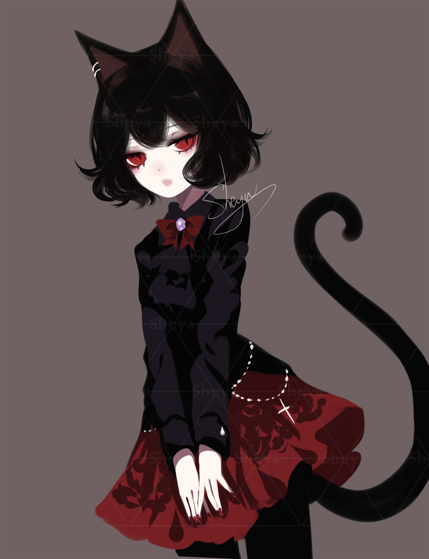 1girl animal_ears artist_name bangs black_hair black_legwear black_shirt bow bowtie brooch cat_ears cat_tail commentary cowboy_shot fangs grey_background highres jewelry long_sleeves looking_at_viewer miniskirt nail_polish open_mouth original pantyhose red_bow red_eyes red_nails red_neckwear red_skirt sheya shirt short_hair signature simple_background skirt solo standing symbol_commentary tail