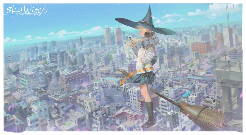 1girl alphonse_(white_datura) blonde_hair blue_sky broom brown_eyes cellphone cherry_blossoms city day hand_in_pocket hat headphones headphones_around_neck highres hood hood_down hooded_jacket jacket long_hair original outdoors petals phone profile sky smartphone solo standing wind witch_hat