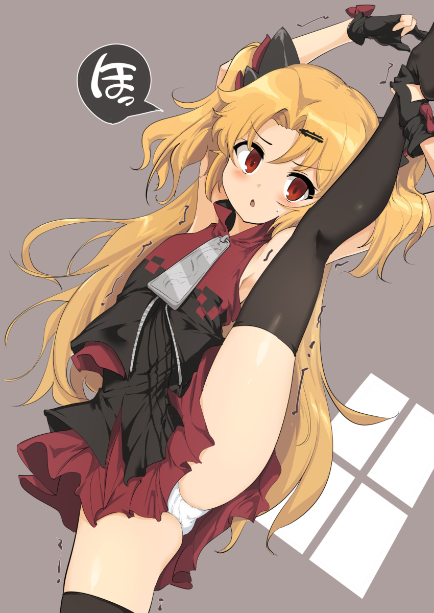 1girl :o akatsuki_uni arms_up bangs bare_shoulders black_dress black_gloves black_legwear blonde_hair blush dress emoji_censor eyebrows_visible_through_hair forehead gloves grey_background hair_ornament hairclip highres long_hair momio parted_bangs parted_lips partly_fingerless_gloves red_eyes red_shirt shirt sleeveless sleeveless_shirt solo split standing standing_on_one_leg standing_split thigh-highs trembling two_side_up uni_channel v-shaped_eyebrows very_long_hair virtual_youtuber