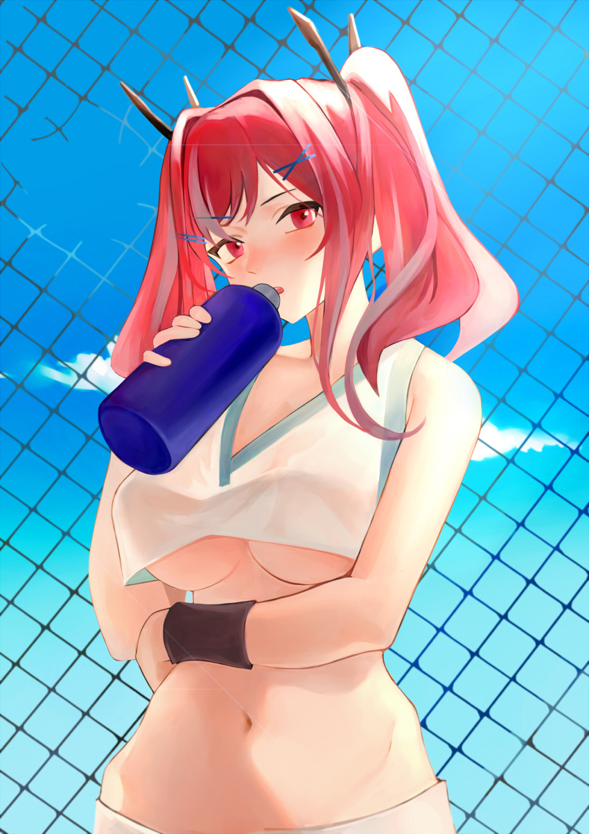 1girl absurdres arm_under_breasts azur_lane bangs bare_shoulders blue_sky blush bottle breasts bremerton_(azur_lane) bremerton_(scorching-hot_training)_(azur_lane) chain-link_fence cl_(summer_sama) clouds commentary day eyebrows_visible_through_hair fence hair_between_eyes hair_intakes hair_ornament hairclip highres holding holding_bottle large_breasts long_hair looking_at_viewer midriff navel no_mole open_mouth outdoors pink_eyes pink_hair shirt sidelocks skirt sky sleeveless sleeveless_shirt solo sportswear standing tennis_uniform twintails upper_body water_bottle white_shirt wristband
