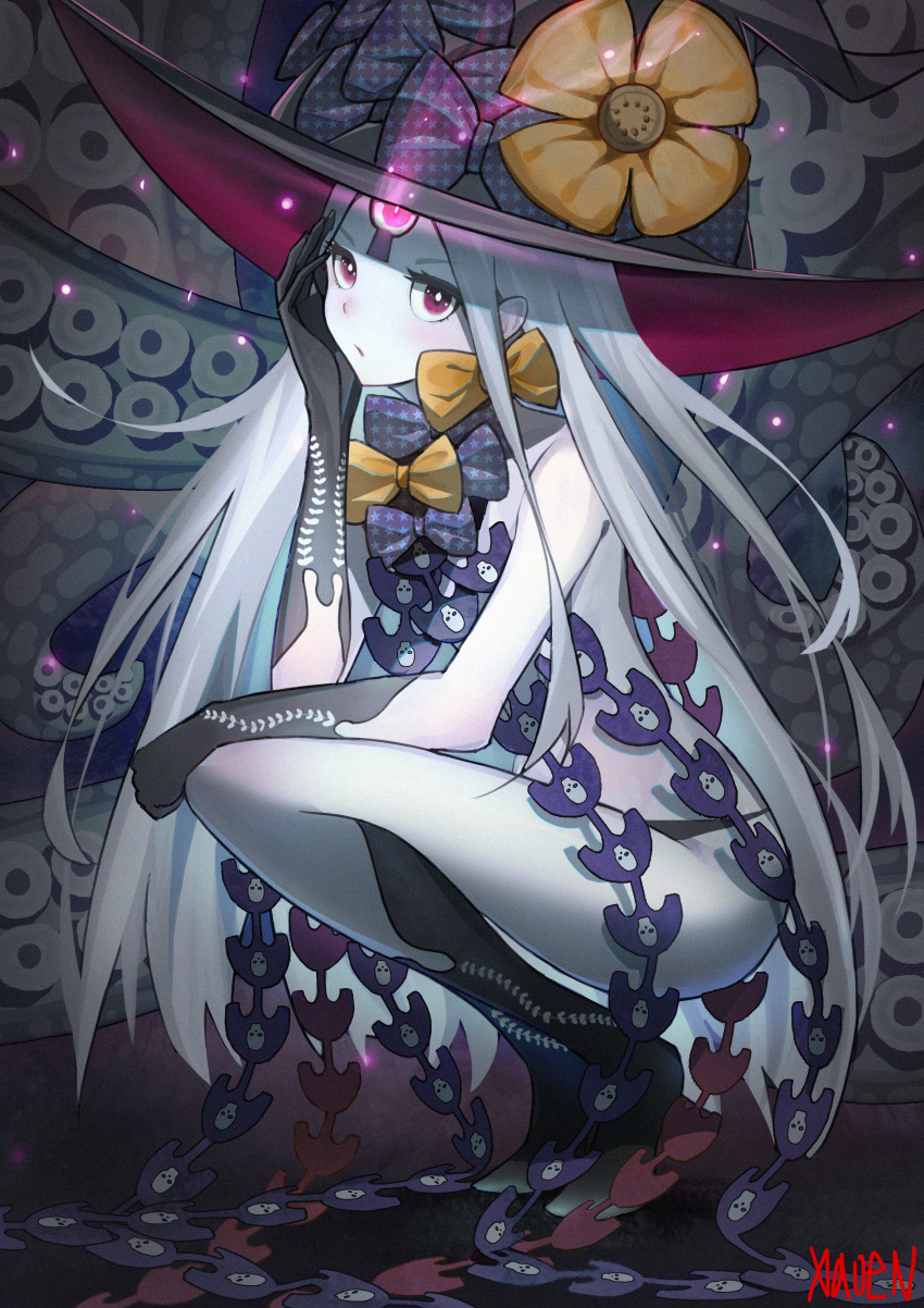 1girl abigail_williams_(fate/grand_order) absurdres bangs bare_shoulders black_bow black_headwear black_panties blush bow breasts closed_mouth fate/grand_order fate_(series) forehead glowing glowing_eye hat hat_bow highres keyhole legs long_hair looking_at_viewer multiple_bows multiple_hat_bows orange_bow panties parted_bangs pink_eyes polka_dot polka_dot_bow shawneion skull_print small_breasts squatting tentacles third_eye underwear white_hair witch_hat