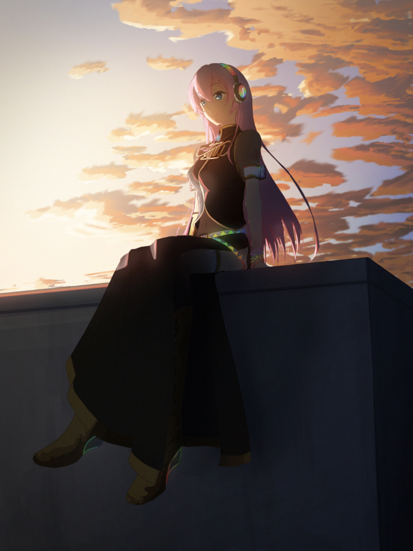 1girl armband belt black_shirt black_skirt blue_eyes boots bracelet closed_mouth clouds cloudy_sky commentary destroikan full_body gold_trim headphones highres jewelry long_hair megurine_luka navel pink_hair rainbow shirt short_sleeves sitting skirt sky smile solo sore_ga_anata_no_shiawase_to_shitemo_(vocaloid) sunset vocaloid