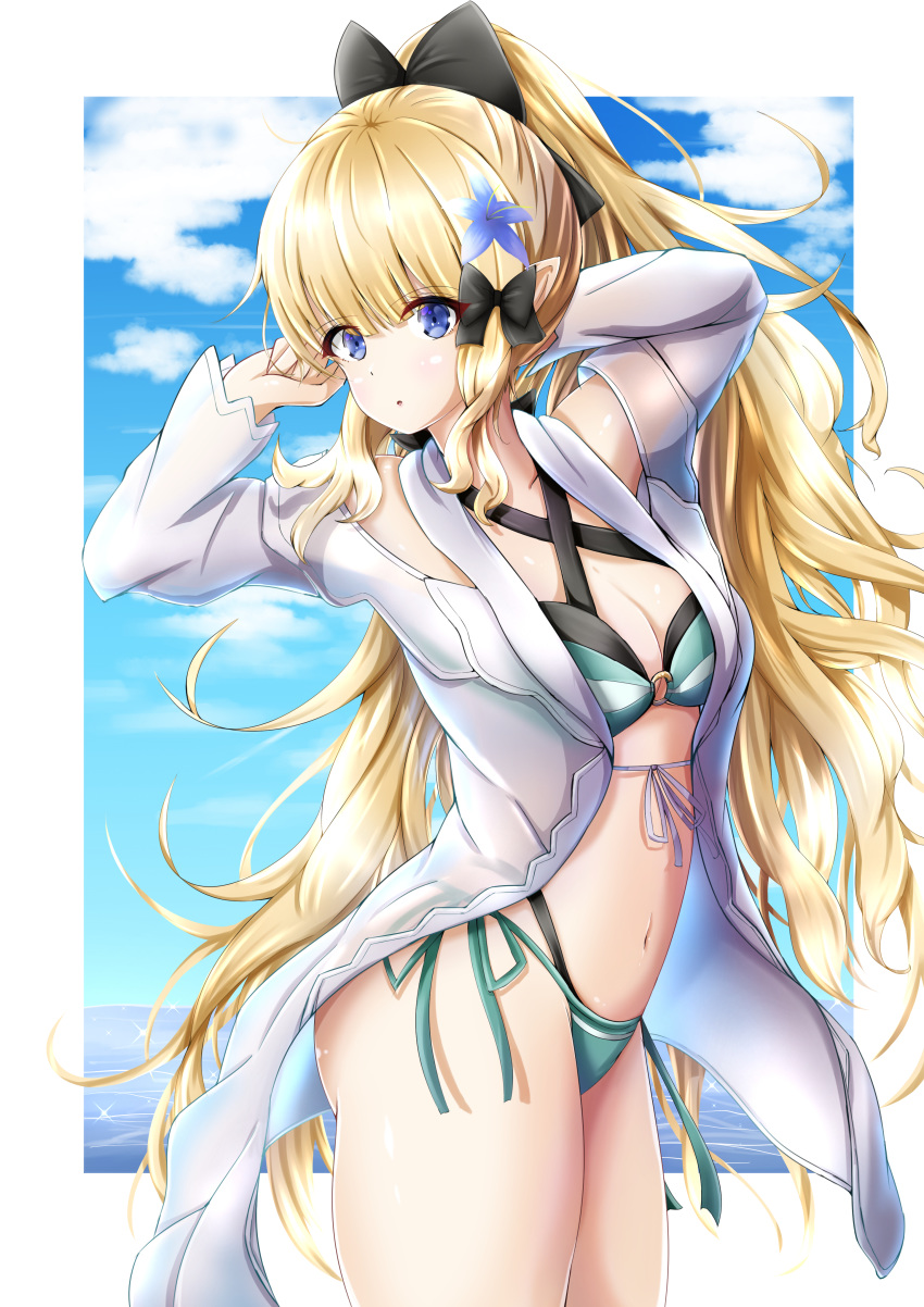 1girl absurdres bikini black_bow blonde_hair blue_eyes blue_flower blue_sky bow breasts clouds flower hair_bow hair_flower hair_ornament highres layered_bikini long_hair pointy_ears princess_connect! princess_connect!_re:dive sasaki_saren side-tie_bikini sky small_breasts summer swimsuit takemura-kou0606