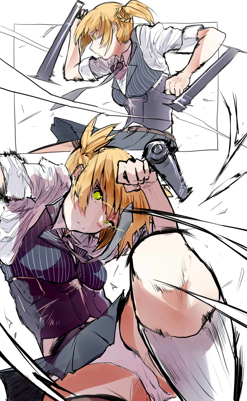 1girl absurdres blonde_hair bolt_action corset girls_frontline grey_neckwear grey_skirt grey_vest gun handgun highres kicking kyoyakyo multiple_views necktie panties pantyshot_(kicking) pistol shirt sketch skirt sleeves_rolled_up striped_vest thighs tonfa twintails underwear upskirt vest weapon welrod welrod_mk2 welrod_mk2_(girls_frontline) white_panties white_shirt