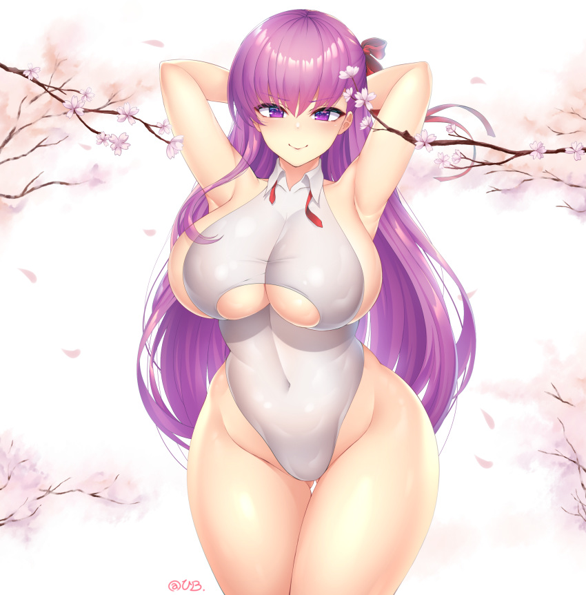 1girl absurdres arm_behind_head arm_up armpits artist_name ass_visible_through_thighs bangs bare_shoulders bb_(fate)_(all) bb_(fate/extra_ccc) blush branch breasts cherry_blossoms closed_mouth collarbone commentary_request covered_nipples cowboy_shot day eyebrows_visible_through_hair fate/extra fate/extra_ccc fate_(series) groin hair_between_eyes hair_ribbon hibi_(grangcat) highleg highleg_leotard highres huge_breasts large_breasts leotard long_hair looking_at_viewer one_side_up outdoors petals purple_hair red_ribbon ribbon shiny shiny_clothes shiny_skin sidelocks skindentation sleeveless smile solo standing thighs tree twitter_username under_boob underboob_cutout v-shaped_eyebrows very_long_hair violet_eyes white_leotard wing_collar