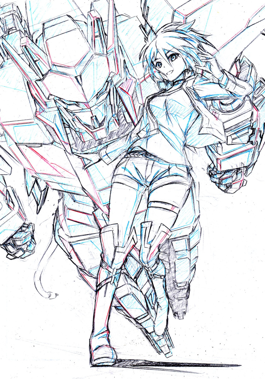 1girl belt boots choker colored_pencil_(medium) commentary_request cropped_jacket full_body hair_flaps highres jacket kumichou_(ef65-1118-ef81-95) looking_at_viewer mecha monochrome open_mouth original shirt short_hair shorts sketch skindentation thigh-highs thigh_boots thigh_strap traditional_media