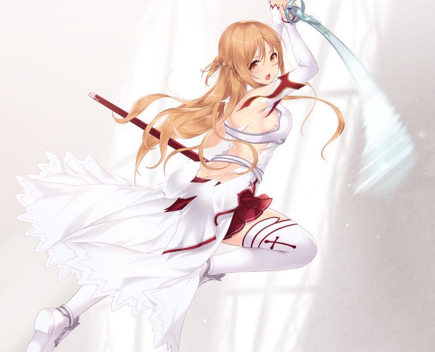 1girl asuna_(sao) back bangs bare_shoulders braid breastplate breasts brown_eyes brown_hair cait commentary dress eyebrows_visible_through_hair hair_between_eyes highres holding holding_sword holding_weapon long_hair long_sleeves looking_at_viewer looking_back medium_breasts motion_blur open_mouth pleated_skirt red_skirt sheath shoe_soles shoes skirt solo sword sword_art_online thigh-highs torn_clothes torn_dress unsheathed v-shaped_eyebrows very_long_hair weapon white_dress white_footwear white_legwear