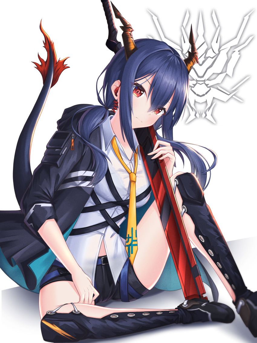 1girl absurdres arknights bangs black_footwear black_jacket black_shorts blue_hair blush breasts ch'en_(arknights) commentary_request dragon_horns dragon_tail hair_between_eyes highres horns jacket knee_up korean_commentary lancheu long_hair long_sleeves looking_at_viewer medium_breasts necktie red_eyes shin_guards shirt short_shorts shorts sidelocks sitting solo sword tail tail_raised thighs weapon white_background white_shirt yellow_neckwear