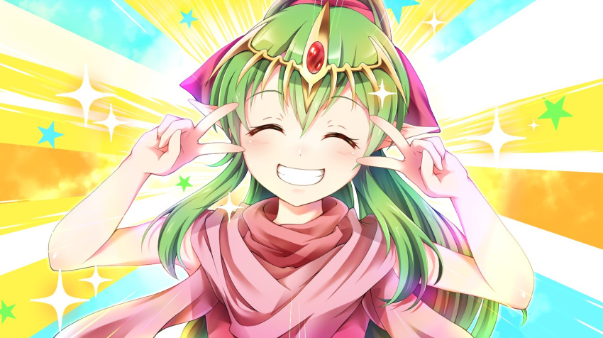 1girl closed_eyes double_v emotional_engine_-_full_drive erector_58 fate/grand_order fate_(series) fire_emblem fire_emblem:_mystery_of_the_emblem green_hair grin long_hair pointy_ears ponytail smile solo sparkle tiara tiki_(fire_emblem) upper_body v