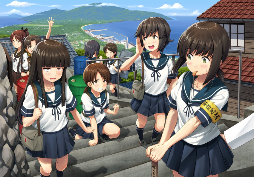 6+girls armband ayanami_(kantai_collection) bad_id bad_twitter_id bag bangs black_hair blue_sky blunt_bangs blush breasts brown_eyes brown_hair building carrying closed_eyes clouds collarbone commentary drum_(container) eyebrows_visible_through_hair fubuki_(kantai_collection) green_eyes grin hair_ornament hatsuyuki_(kantai_collection) highres house ichikawa_feesu isonami_(kantai_collection) kantai_collection kneehighs long_hair looking_at_another looking_at_viewer low_ponytail miyuki_(kantai_collection) mountain mouth_hold multiple_girls neckerchief ocean open_mouth outdoors pleated_skirt ponytail ribbon sailor_collar scenery school_uniform serafuku shikinami_(kantai_collection) shirayuki_(kantai_collection) shoes short_hair short_ponytail shoulder_bag side_ponytail sidelocks skirt sky small_breasts smile stairs sweatdrop translated twintails uranami_(kantai_collection) whistle whistle_around_neck