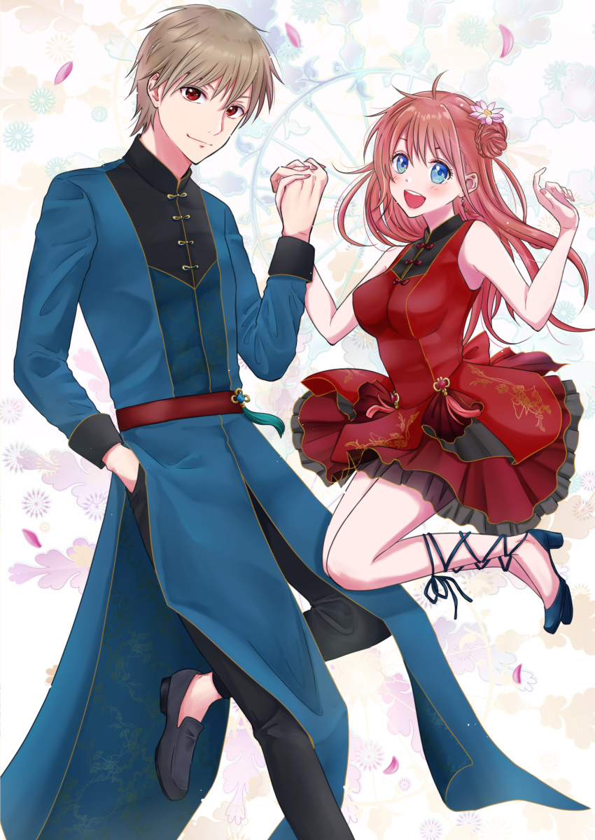 1boy 1girl :d absurdres black_footwear black_pants blue_eyes blue_footwear blue_ribbon breasts closed_mouth dress floating_hair gintama hand_in_pocket highres holding_hands interlocked_fingers jumping kagura_(gintama) kuroneko_w1nter layered_dress leg_ribbon light_brown_hair long_hair looking_at_viewer medium_breasts nail_polish okita_sougo open_mouth pants pink_nails pleated_dress pumps red_dress red_eyes redhead ribbon see-through shiny shiny_hair sleeveless smile standing standing_on_one_leg white_background