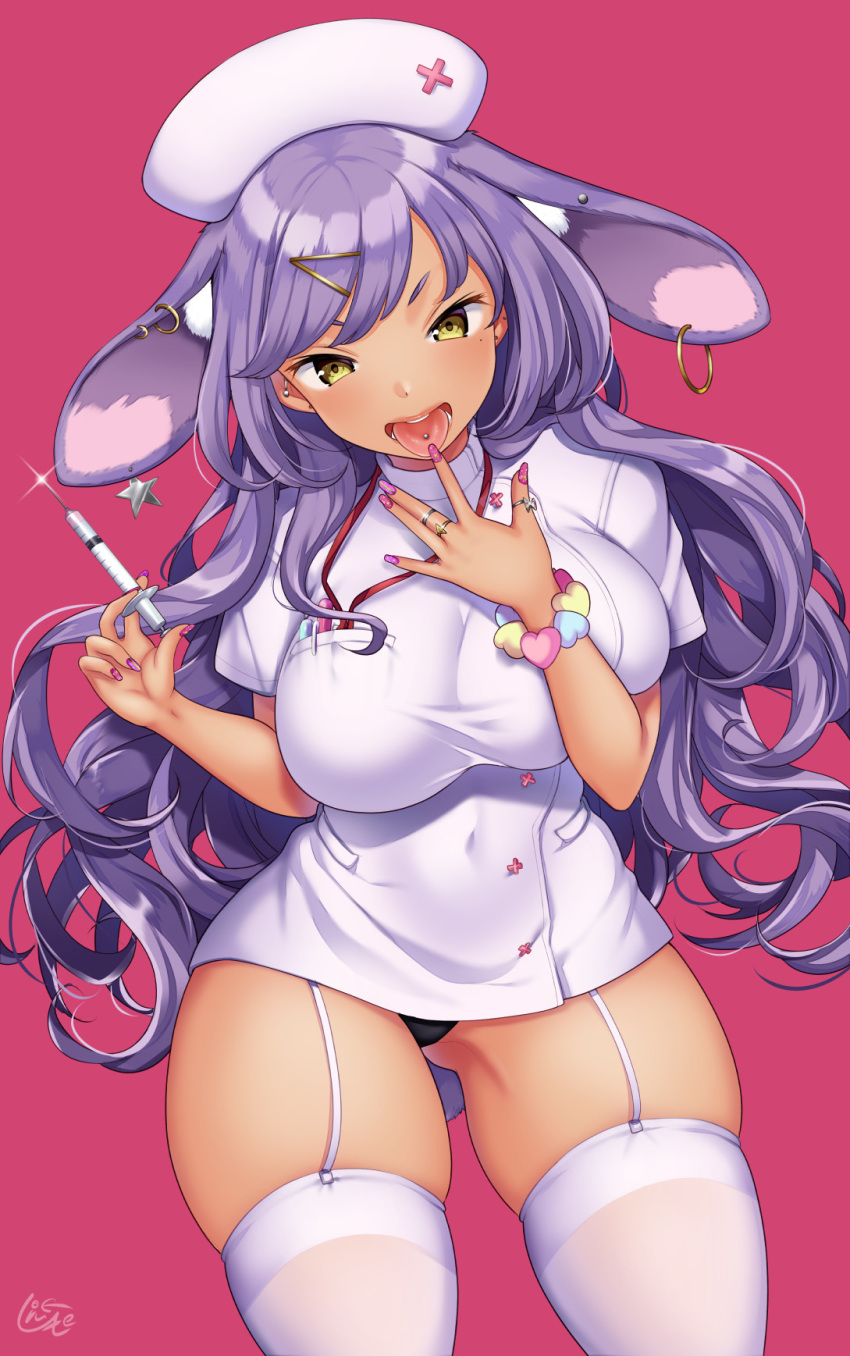 1girl animal_ear_fluff animal_ears ass_visible_through_thighs black_panties blush breasts bunny_tail commentary_request covered_navel dark_skin dress ear_piercing earrings garter_straps gyaru hat highres hoop_earrings jewelry kogal large_breasts lips long_hair looking_at_viewer miyano_ururu mole mole_under_eye nurse nurse_cap open_mouth original panties piercing purple_hair purple_nails rabbit_ears red_background ring short_dress short_sleeves simple_background skindentation solo standing syringe tail thick_thighs thigh-highs thighs thumb_ring tongue tongue_out tongue_piercing underwear white_dress white_garter_straps yellow_eyes