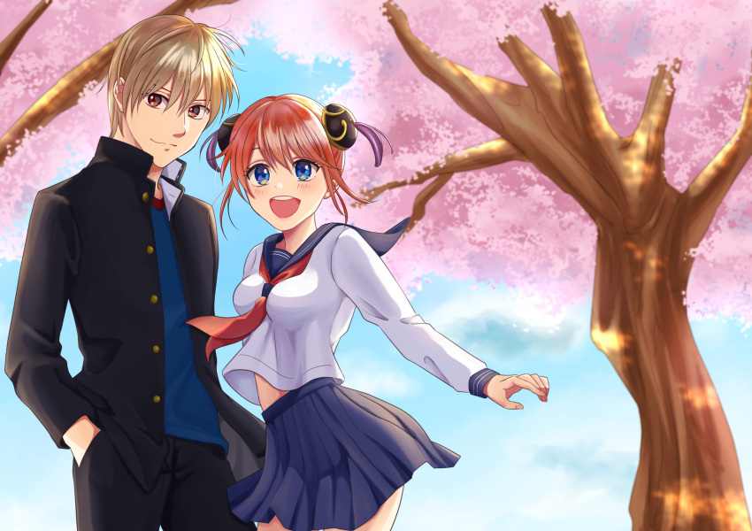 1boy 1girl :d absurdres bangs black_jacket black_pants blazer blonde_hair blue_eyes blue_sailor_collar blue_shirt blue_skirt blush breasts brown_eyes closed_mouth collared_shirt day double_bun flower gintama hair_between_eyes hanami hand_in_pocket highres jacket kagura_(gintama) kuroneko_w1nter long_sleeves looking_at_viewer midriff miniskirt neckerchief okita_sougo open_blazer open_clothes open_jacket open_mouth orange_hair outdoors pants pink_flower pleated_skirt red_neckwear sailor_collar sailor_shirt school_uniform serafuku shiny shiny_hair shirt short_hair skirt small_breasts smile smug standing stomach white_shirt