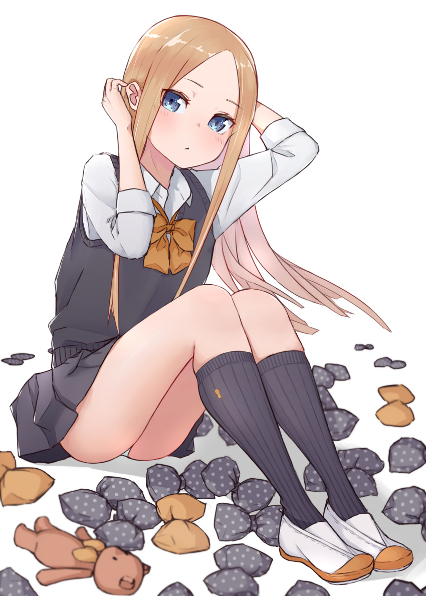 1girl abigail_williams_(fate/grand_order) absurdres bangs black_bow black_legwear black_skirt black_vest blue_eyes blush bow bowtie breasts closed_mouth collared_shirt contemporary dress_shirt fate/grand_order fate_(series) forehead highres kneehighs knees_up kopaka_(karda_nui) loafers long_hair looking_at_viewer multiple_bows orange_bow panties parted_bangs polka_dot polka_dot_bow shirt shoes simple_background sitting skirt small_breasts solo stuffed_animal stuffed_toy sweater_vest teddy_bear underwear uwabaki vest white_background white_footwear white_panties white_shirt