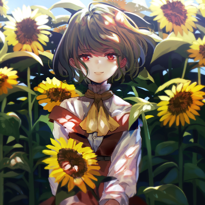 1girl acetylene-lamp adapted_costume ascot backlighting bangs belt blue_sky blurry blurry_background blush brown_belt closed_mouth dappled_sunlight day dress eyebrows_visible_through_hair flower garden_of_the_sun green_hair hair_between_eyes highres holding holding_flower kazami_yuuka light_particles light_smile lips long_sleeves looking_at_viewer off-shoulder_dress off_shoulder red_dress red_eyes reflective_eyes shiny shiny_hair shirt sky solo sunflower sunlight touhou turtleneck wavy_hair white_shirt wind yellow_neckwear