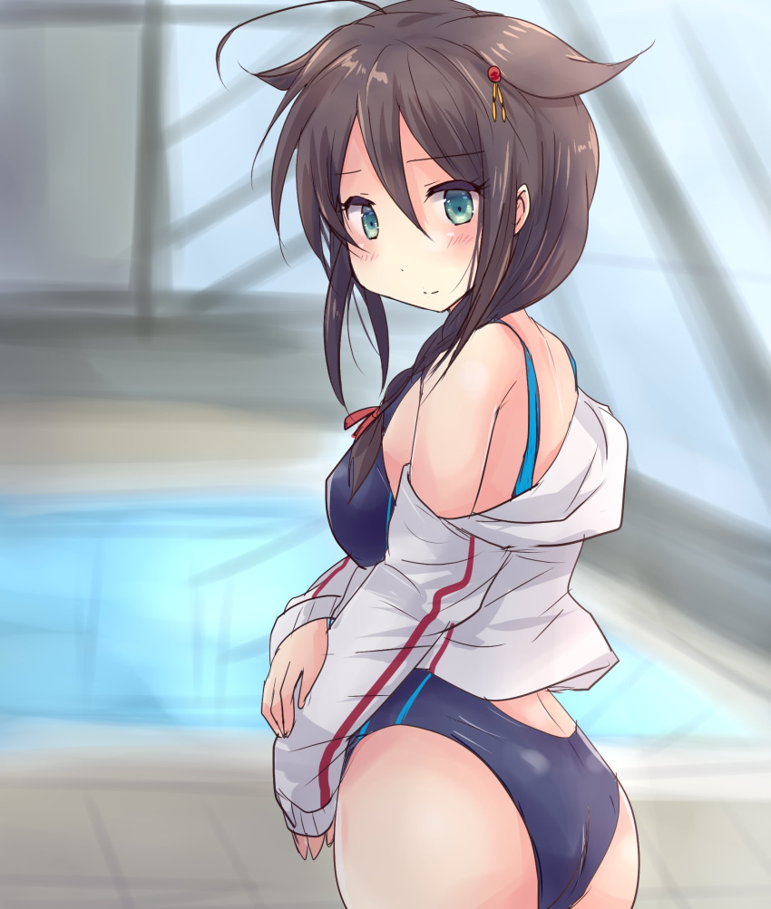 1girl ahoge ass bangs blurry blurry_background blush braid breasts brown_hair commentary_request competition_swimsuit eyebrows_visible_through_hair green_eyes hair_between_eyes hair_flaps hair_ornament highres hirune_(konekonelkk) jacket kantai_collection looking_at_viewer looking_to_the_side medium_breasts one-piece_swimsuit open_clothes open_jacket pool remodel_(kantai_collection) shigure_(kantai_collection) sidelocks single_braid smile solo swimsuit
