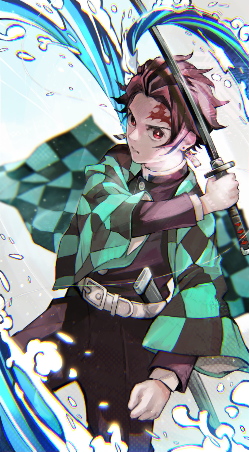 1boy absurdres belt black_pants black_shirt checkered checkered_haori checkered_jacket chromatic_aberration commentary earrings forehead_scar hanafuda haori highres holding holding_sword holding_weapon japanese_clothes jewelry kamado_tanjirou kimetsu_no_yaiba kyuuba_melo looking_at_viewer male_focus pants red_eyes redhead sheath shirt solo sword unsheathed water weapon