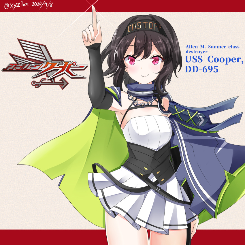 1girl arm_up armpits azur_lane bangs bare_shoulders black_hair black_headband black_sleeves blue_cape blue_collar border breasts cape chain character_name clothes_writing collar collarbone commentary_request cooper_(azur_lane) cowboy_shot dated detached_sleeves dress eagle_union_(emblem)_(azur_lane) eyebrows_visible_through_hair glint hachimaki hair_between_eyes hair_intakes headband hebitsukai-san highres index_finger_raised kamen_rider kamen_rider_kabuto_(series) letterboxed looking_at_viewer o-ring o-ring_collar parody pink_eyes pleated_dress red_border short_hair sidelocks simple_background sleeveless sleeveless_dress small_breasts smile solo standing strapless strapless_dress thigh_gap twitter_username white_dress wind wind_lift