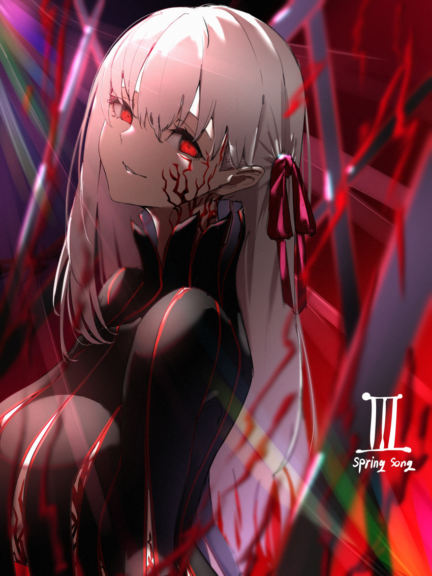1girl absurdres alter_servant azarashi_(azrsot) bangs black_dress body_markings breasts commentary_request corruption dark_persona dark_sakura dress fate/stay_night fate_(series) hair_between_eyes hair_ribbon head_tilt heaven's_feel highres large_breasts long_hair looking_at_viewer matou_sakura parted_lips red_eyes red_ribbon ribbon smirk white_hair