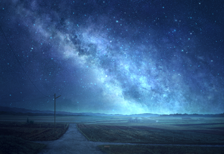 field galaxy greenhouse horizon mks night night_sky no_humans original outdoors power_lines road scenery sky star_(sky) starry_sky telephone_pole