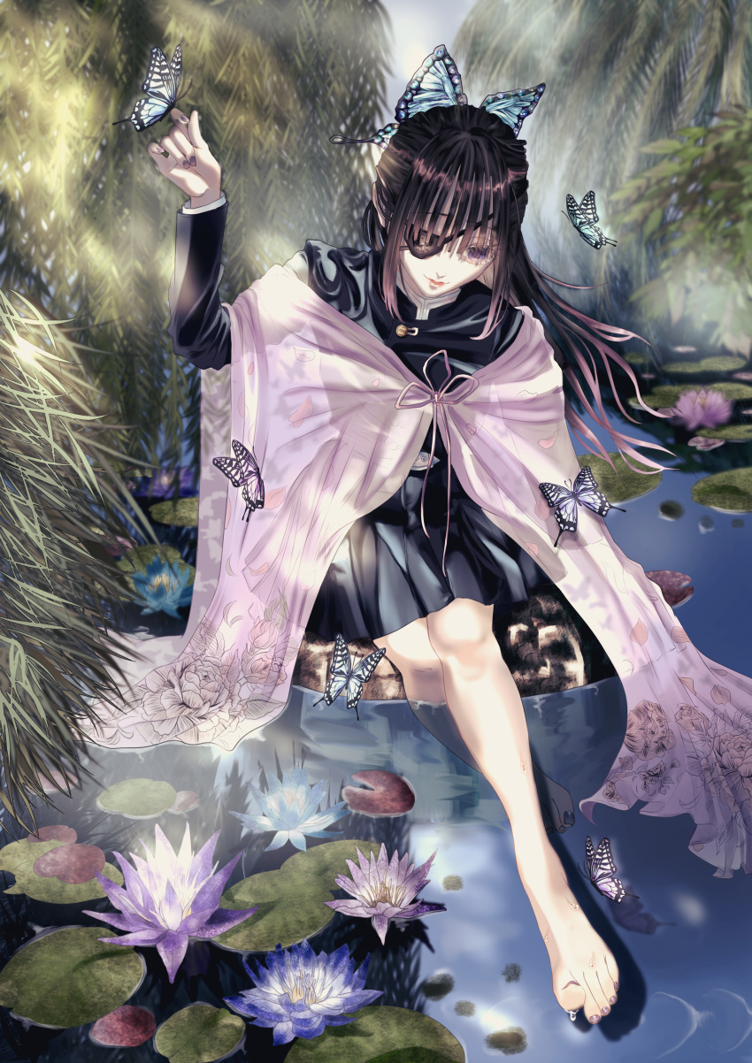 1girl absurdres bangs barefoot black_eyepatch black_hair black_skirt blue_flower blunt_bangs bug butterfly butterfly_hair_ornament butterfly_on_finger cape commentary_request eyepatch floral_print flower fucafucaorishiki gradient_nails hair_ornament highres insect kimetsu_no_yaiba lily_pad lips long_hair lotus nail_polish older partial_commentary pink_cape pleated_skirt purple_nails see-through sidelocks sitting skirt stone toenail_polish tsuyuri_kanao uniform very_long_hair violet_eyes what_if willow