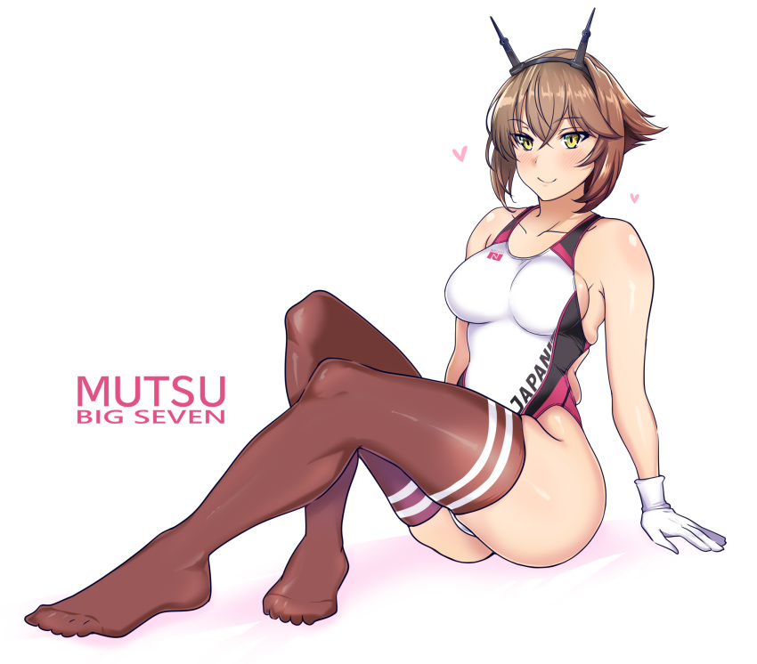 1girl aiuchi black_legwear blush breasts brown_hair competition_swimsuit gloves hairband headgear highleg highres kantai_collection large_breasts looking_at_viewer mutsu_(kantai_collection) one-piece_swimsuit radio_antenna short_hair sitting smile solo swimsuit thigh-highs white_gloves