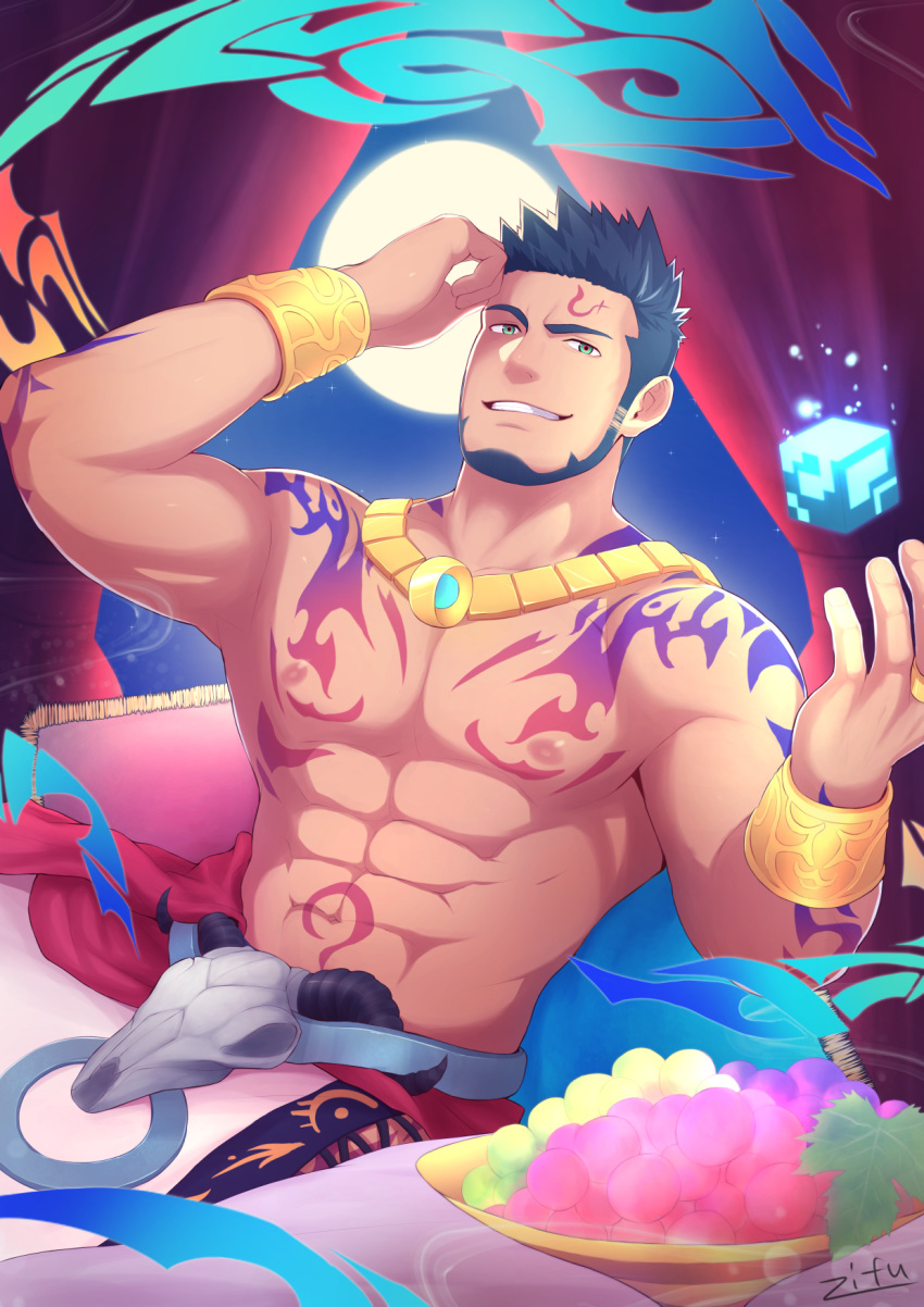 1boy abs bara beard belt chest facial_hair green_eyes gyee hand_on_own_face highres jewelry looking_at_viewer male_focus muscle navel necklace nipples open_clothes pectorals priapus_(gyee) revealing_clothes sitting smile solo tattoo upper_body zifuuuun