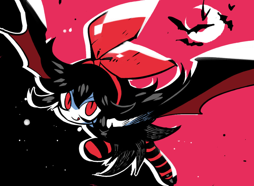 1girl :q bat black_dress black_hair bow crescent_moon dress flying hair_bow hairband long_hair looking_at_viewer monochrome moon original outline pantyhose rariatto_(ganguri) red_background red_bow red_eyes red_hairband red_legwear red_theme short_dress slit_pupils solo spread_wings striped striped_legwear tongue tongue_out white_outline zakuro_(rariatto)