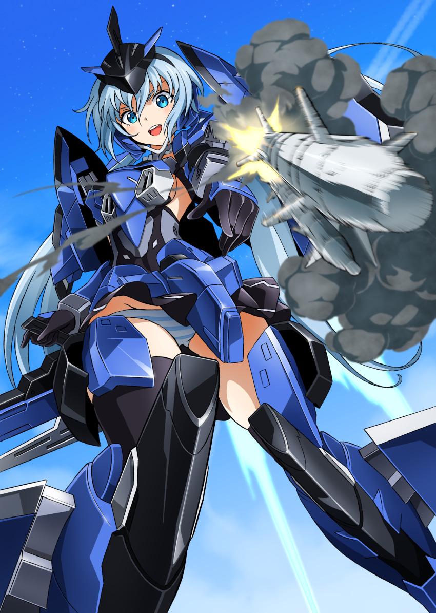 1girl absurdres black_gloves black_legwear blue_eyes blue_sky breasts elbow_gloves frame_arms_girl gloves gun headgear highres kumichou_(ef65-1118-ef81-95) light_blue_hair long_hair looking_at_viewer low_twintails mecha_musume missile motion_blur open_mouth panties sideboob skindentation sky smoke solo speed_lines striped striped_panties stylet thigh-highs twintails underwear weapon
