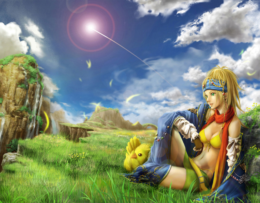 bikini_top blanket blonde_hair breasts cape chicobo chocobo cleavage cloud clouds dangan_(pixiv22262) final_fantasy final_fantasy_x final_fantasy_x-2 gloves grass green_eyes hairband headband highres lens_flare long_hair midriff navel rikku scarf scenery sitting skirt sky swimsuit