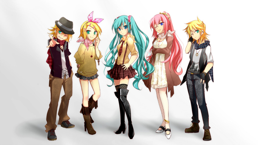 bow casual dress fishnet_pantyhose fishnets hair_bow haru_aki hat hatsune_miku highres jewelry kagamine_len kagamine_len_(append) kagamine_rin megurine_luka necklace necktie pantyhose plaid skirt sleeves_pushed_up tartan thigh-highs thigh_boots thighhighs vocaloid vocaloid_append zettai_ryouiki