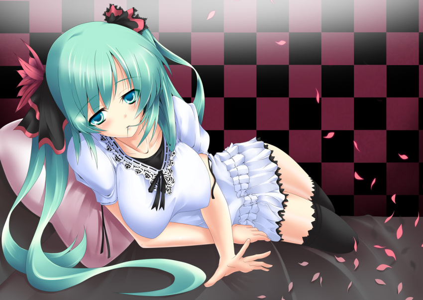 hair_in_mouth hatsune_miku large_breasts nana_(artist) thigh-highs thighhighs twintails vocaloid world_is_mine_(vocaloid)
