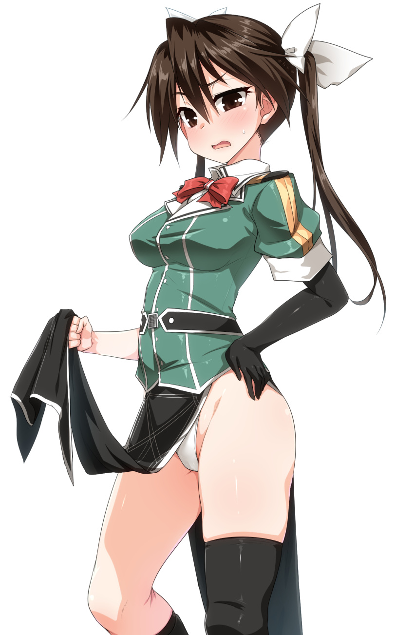 1girl bangs black_gloves black_legwear blush breasts brown_eyes brown_hair commentary_request elbow_gloves eyebrows_visible_through_hair gloves hair_ribbon hand_on_hip highleg highleg_panties highres kantai_collection long_hair medium_breasts military military_uniform open_mouth panties pelvic_curtain red_neckwear remodel_(kantai_collection) ribbon short_sleeves simple_background single_elbow_glove single_glove skindentation solo sweat tone_(kantai_collection) twintails underwear uniform white_background white_panties white_ribbon yoshi_tama