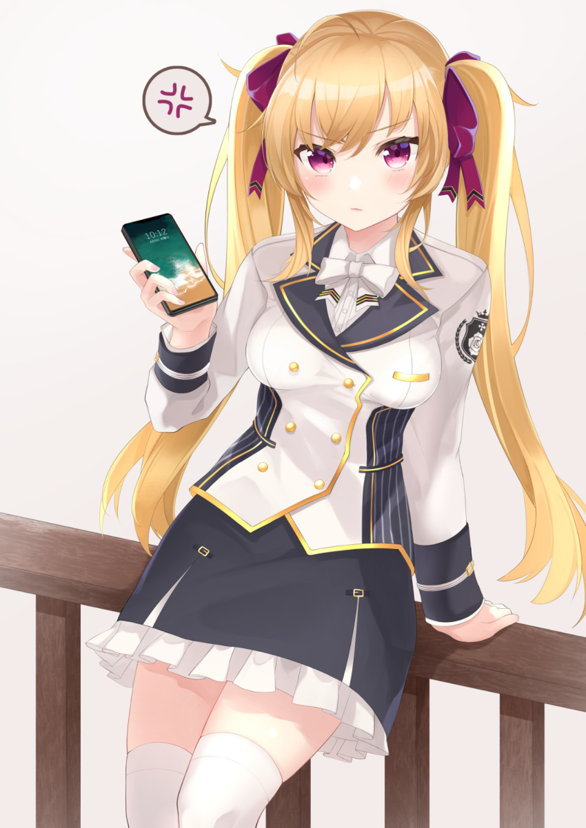 1girl anger_vein arm_support bangs black_skirt blonde_hair blush bow breasts cellphone closed_mouth collared_shirt commentary_request date_(mamanonamaebot) dress_shirt eyebrows_visible_through_hair frilled_skirt frills grey_background hair_between_eyes hair_bow highres holding holding_phone jacket leaning_on_rail long_hair long_sleeves looking_at_viewer medium_breasts nijisanji phone purple_bow railing shirt simple_background skirt solo spoken_anger_vein takamiya_rion thigh-highs twintails very_long_hair violet_eyes virtual_youtuber white_bow white_jacket white_legwear white_shirt