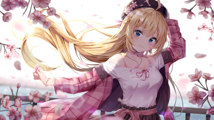 1girl ahoge aogiri_koukou_game_club arm_up bangs bare_shoulders beret black_headwear black_skirt blonde_hair blue_eyes blurry blurry_foreground blush breasts closed_mouth collarbone commentary_request depth_of_field eyebrows_visible_through_hair floating_hair flower hair_between_eyes hand_on_headwear hat hat_flower highres jacket kuria_(clear_trip_second) long_hair looking_at_viewer medium_breasts minazuki_natsuki off-shoulder_shirt off_shoulder open_clothes open_jacket pink_flower pink_jacket plaid_jacket railing red_ribbon ribbon shirt skirt smile solo upper_body very_long_hair virtual_youtuber white_shirt