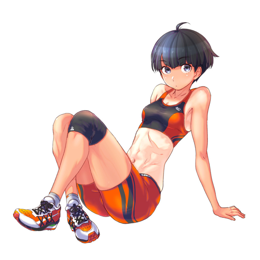 1girl abs ahoge arm_support armpits bangs bare_shoulders bike_shorts black_eyes black_hair black_sports_bra blunt_bangs breasts closed_mouth commentary crossed_ankles expressionless fujisawa_takashi highres knee_brace looking_at_viewer midriff navel orange_footwear orange_shorts orange_sports_bra original raised_eyebrows shoes short_hair shorts simple_background sitting small_breasts sneakers solo sports_bra track_and_field white_background white_footwear