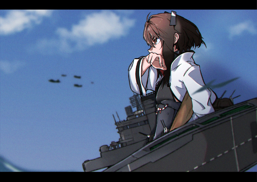 1girl absurdres aircraft bangs black_border border brown_eyes brown_hair clouds day flat_chest flight_deck from_side headgear highres holding kan6e_ver kantai_collection long_sleeves machinery outdoors profile rigging short_hair sky solo taihou_(kantai_collection)