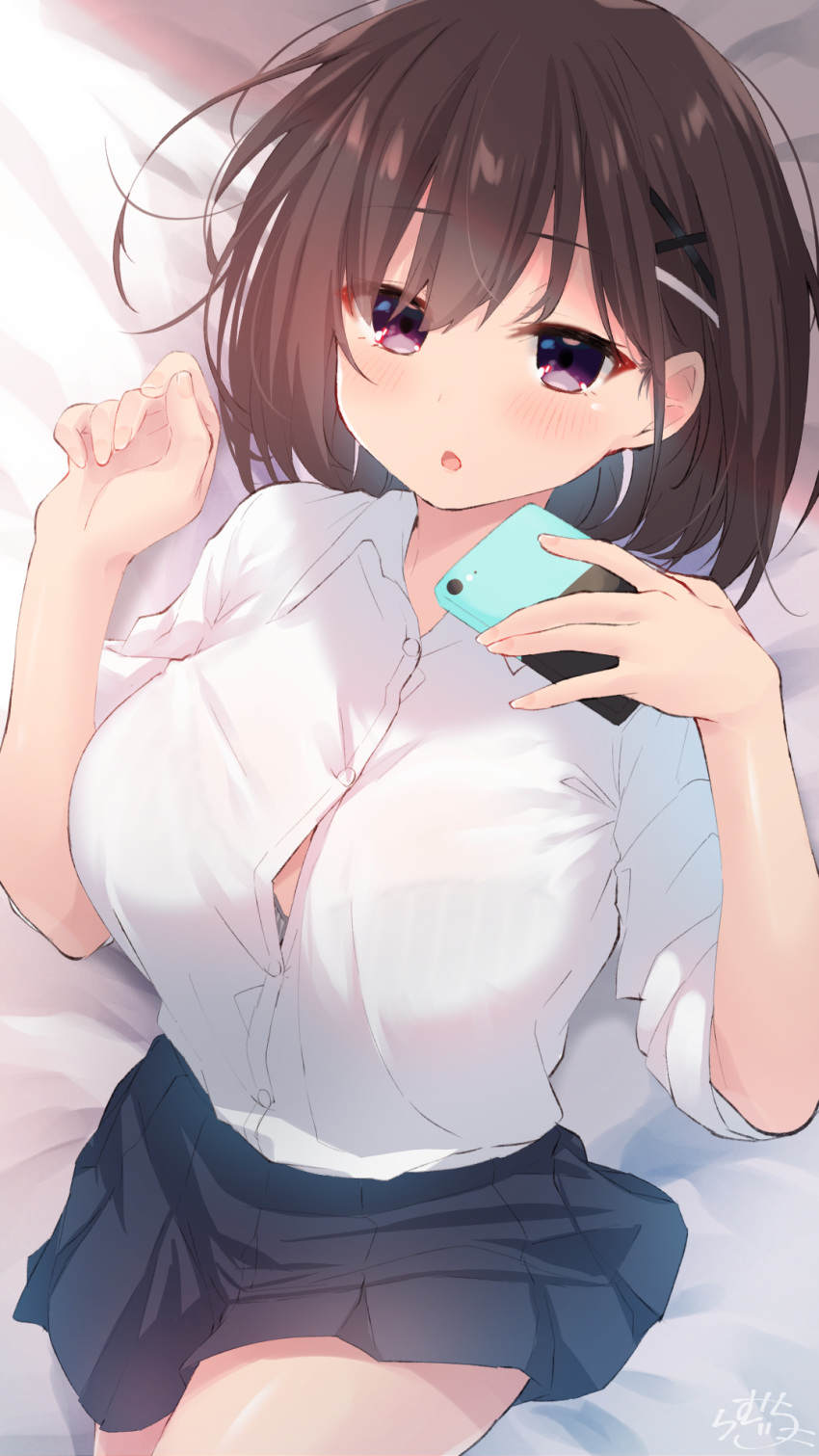 1girl :o bangs bed_sheet black_skirt blush breasts brown_hair button_gap cellphone collared_shirt commentary_request dress_shirt eyebrows_visible_through_hair from_above hair_ornament hairclip highres holding holding_phone large_breasts looking_at_viewer lying miniskirt on_back on_bed open_mouth original phone pleated_skirt ramchi shirt short_hair skirt sleeves_pushed_up smartphone solo violet_eyes wing_collar x_hair_ornament