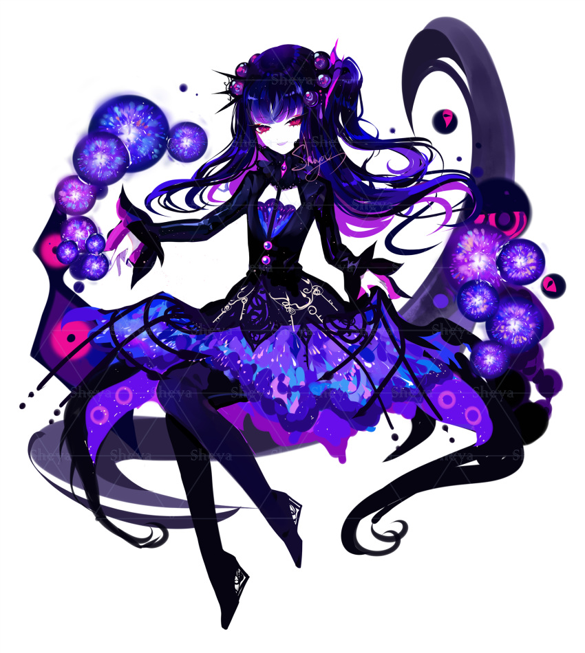 1girl :d artist_name black_dress black_legwear blue_hair commentary dress full_body high_heels highres long_hair long_sleeves looking_at_viewer multicolored_hair one_side_up open_mouth original pantyhose purple_hair red_eyes sheya signature simple_background smile solo symbol_commentary white_background